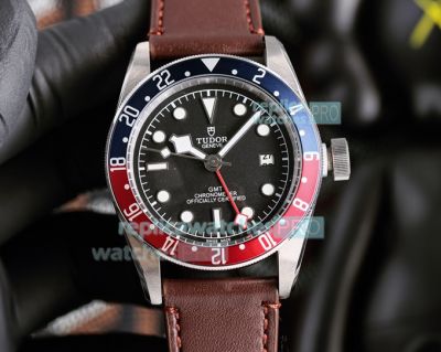 Replica Tudor Black Bay GMT Pepsi Bezel Watch Black Dial Black Leather